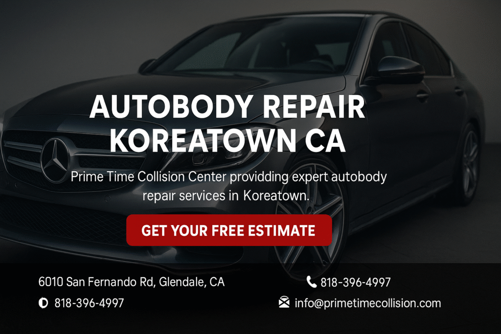 Autobody repair advertisement featuring a sleek car and text highlighting Prime Time Collision Center's expert services in Koreatown, California.