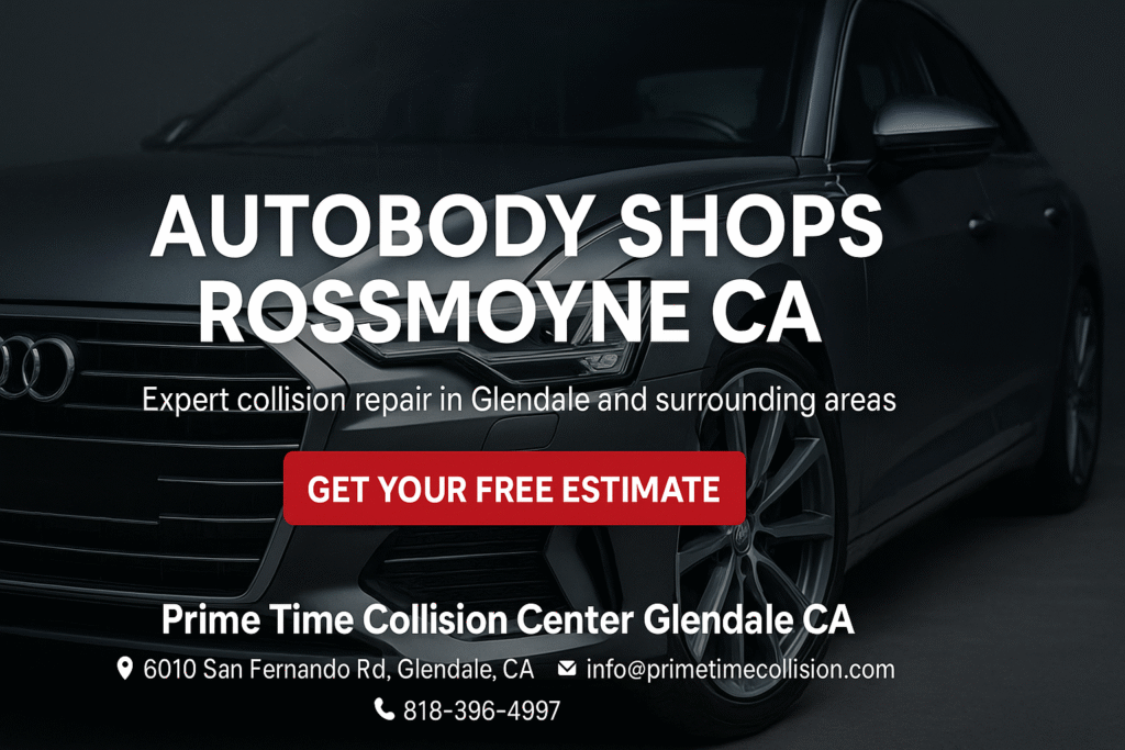Autobody Shops Rossmoyne CA advertisement featuring an Audi vehicle, emphasizing expert collision repair services in Glendale, California, with a call to action for a free estimate from Prime Time Collision Center.