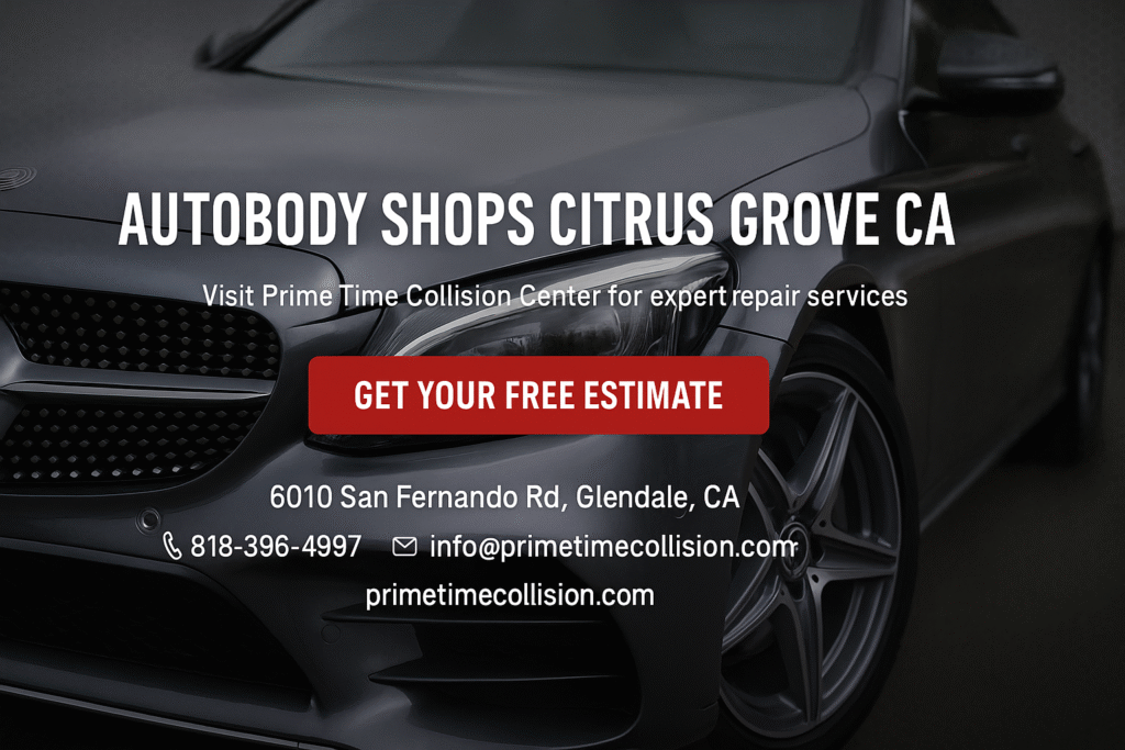 Autobody shop advertisement featuring a sleek car, text highlighting "Autobody Shops Citrus Grove CA," and contact information for Prime Time Collision Center in Glendale, California.