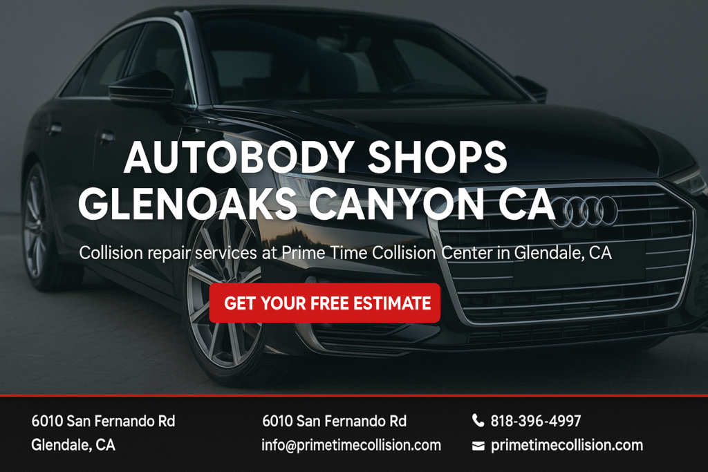 Autobody shop advertisement featuring a sleek black Audi, promoting collision repair services at Prime Time Collision Center in Glendale, CA, with a prominent call-to-action for a free estimate.
