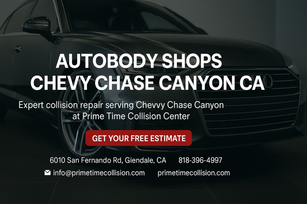Autobody shops Chevy Chase Canyon CA advertisement featuring an Audi vehicle, highlighting expert collision repair services at Prime Time Collision Center, with contact information and a call to action for a free estimate.