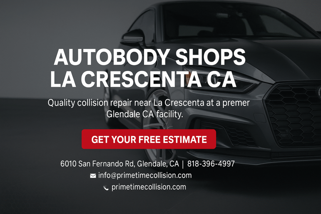 Autobody shops in La Crescenta CA, featuring a sleek vehicle, offering quality collision repair services at Prime Time Collision Center in Glendale, CA.