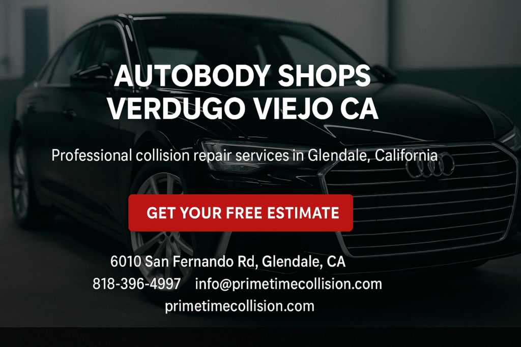 Autobody shops Verdugo Viejo CA, professional collision repair services, black car in garage setting, Prime Time Collision Center contact information.