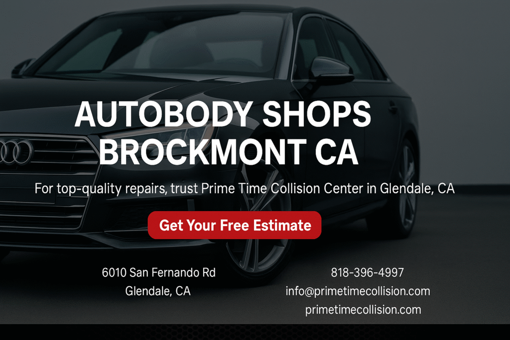 Autobody shops in Brockmont, CA featuring Prime Time Collision Center with a black Audi vehicle, contact information, and a call-to-action for free estimates.