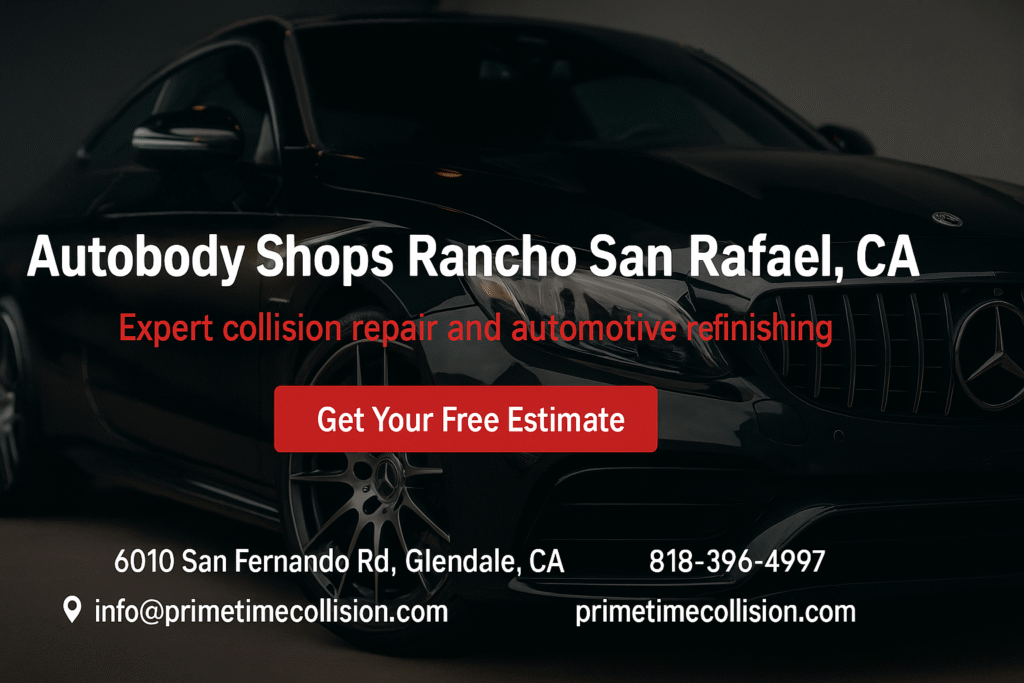 Autobody shops in Rancho San Rafael, CA, featuring a sleek black car, expert collision repair services, and a call-to-action for free estimates.