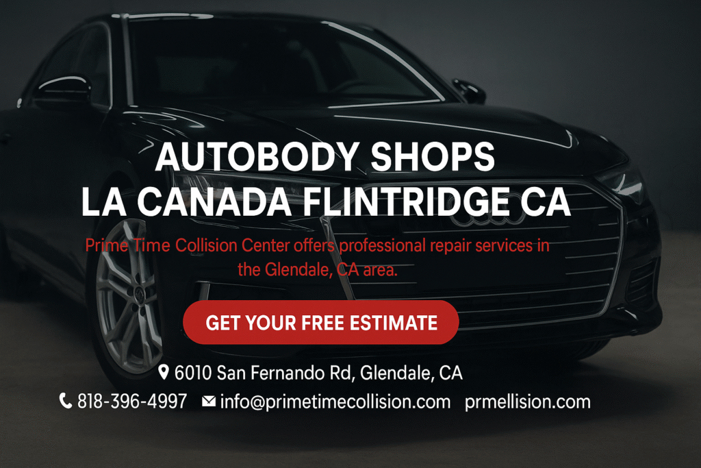 Autobody shop advertisement featuring a sleek black car, text promoting Prime Time Collision Center services in La Ca&ntilde;ada Flintridge CA, contact information, and a call-to-action for a free estimate.