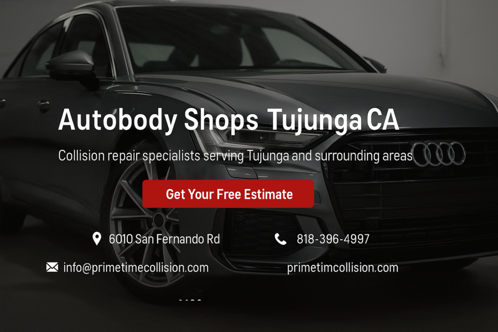 Autobody Shops Tujunga CA graphic featuring an Audi vehicle, contact information, and a call-to-action button for free estimates, emphasizing collision repair services for Tujunga and nearby areas.