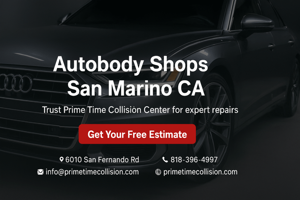 Autobody shops San Marino CA advertisement featuring an Audi vehicle, promoting Prime Time Collision Center for expert repairs and free estimates.