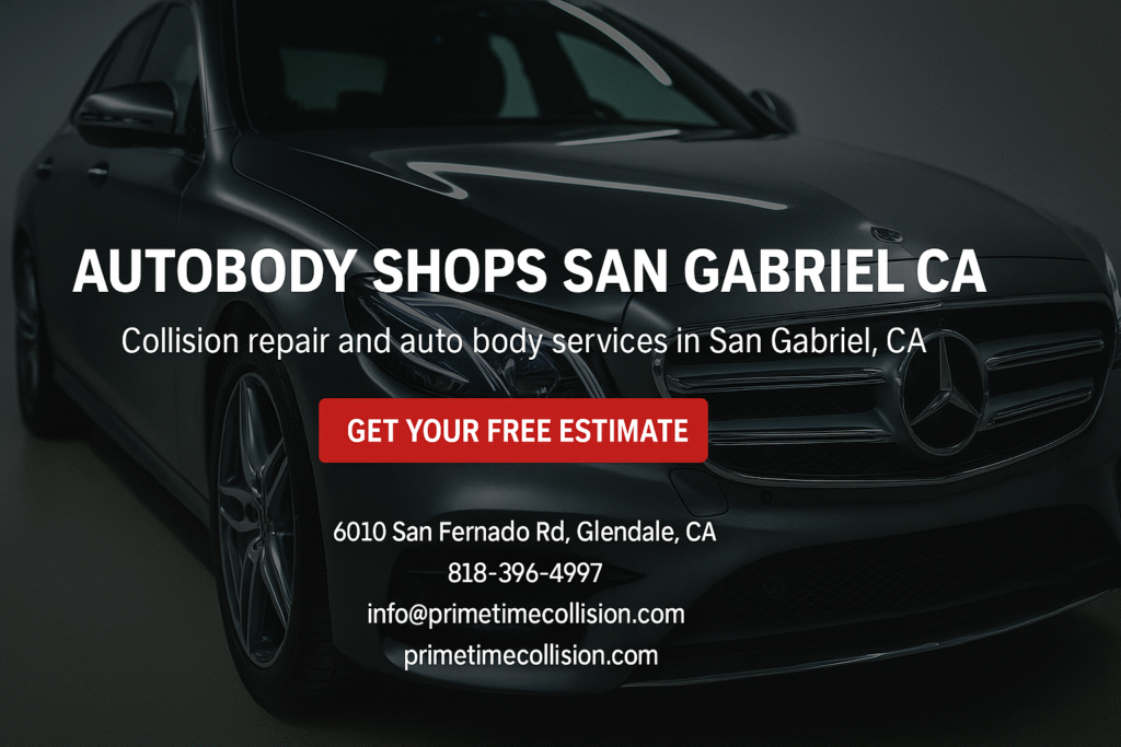 Autobody shops in San Gabriel, CA, featuring a sleek black car, contact information, and a call-to-action for a free estimate.