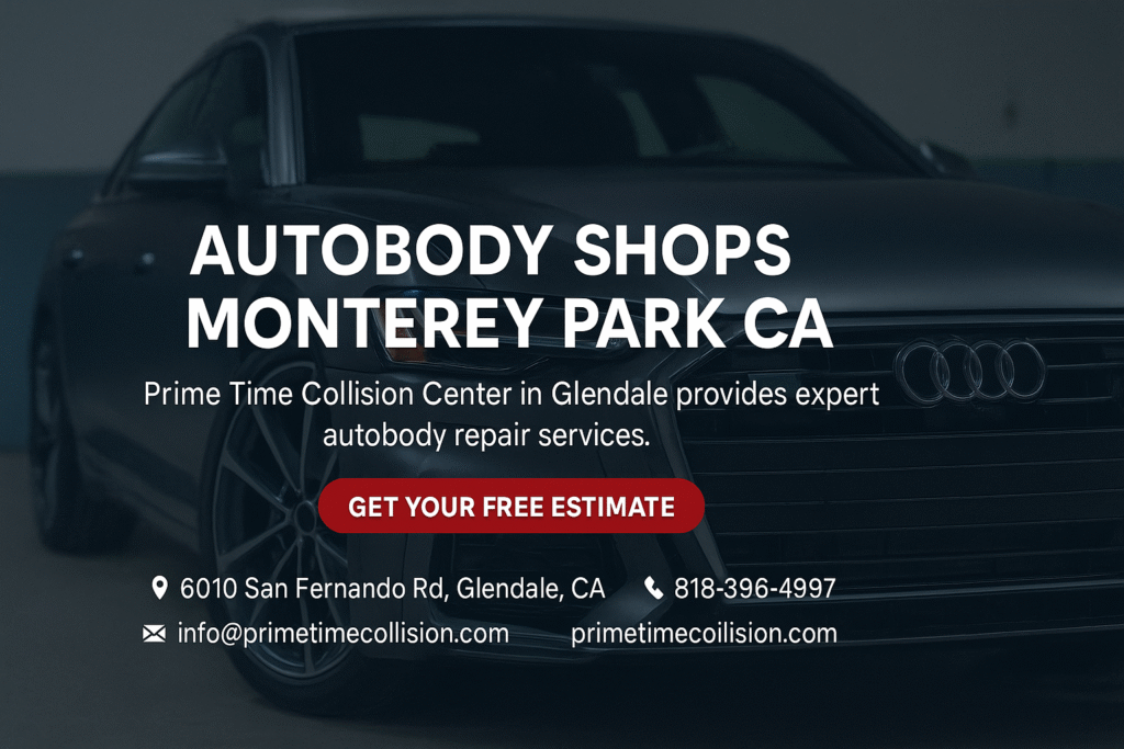 Autobody repair services advertisement featuring a sleek black car and text highlighting Prime Time Collision Center in Glendale, CA, emphasizing expert autobody shops in Monterey Park.