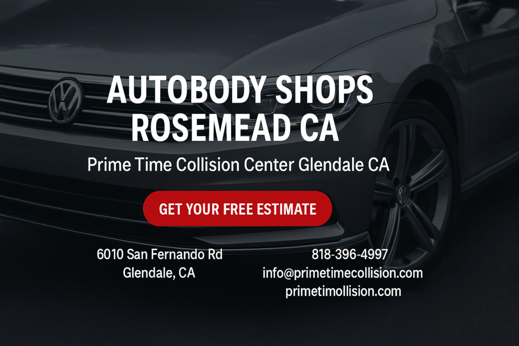 Autobody shops Rosemead CA advertisement featuring Prime Time Collision Center, showcasing a Volkswagen vehicle and contact details for auto body repair services.