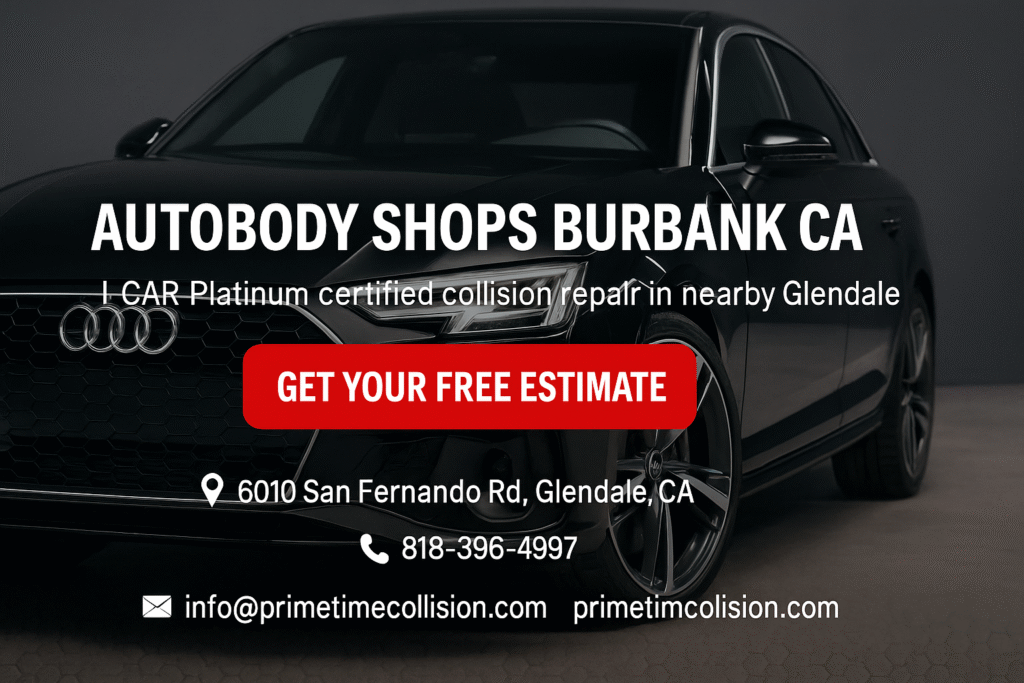 Autobody shops Burbank CA advertisement featuring a luxury car, I CAR Platinum certification, and contact information for Prime Time Collision Center in Glendale, California.