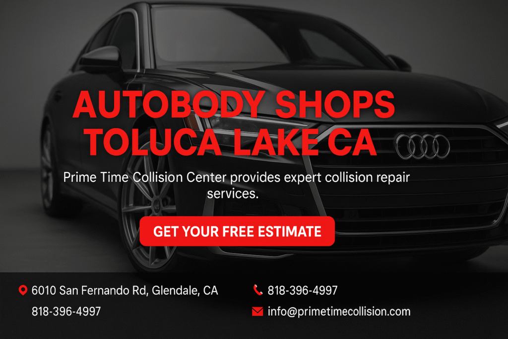 Autobody shops Toluca Lake CA advertisement featuring a sleek black Audi, emphasizing Prime Time Collision Center's expert collision repair services and contact information.