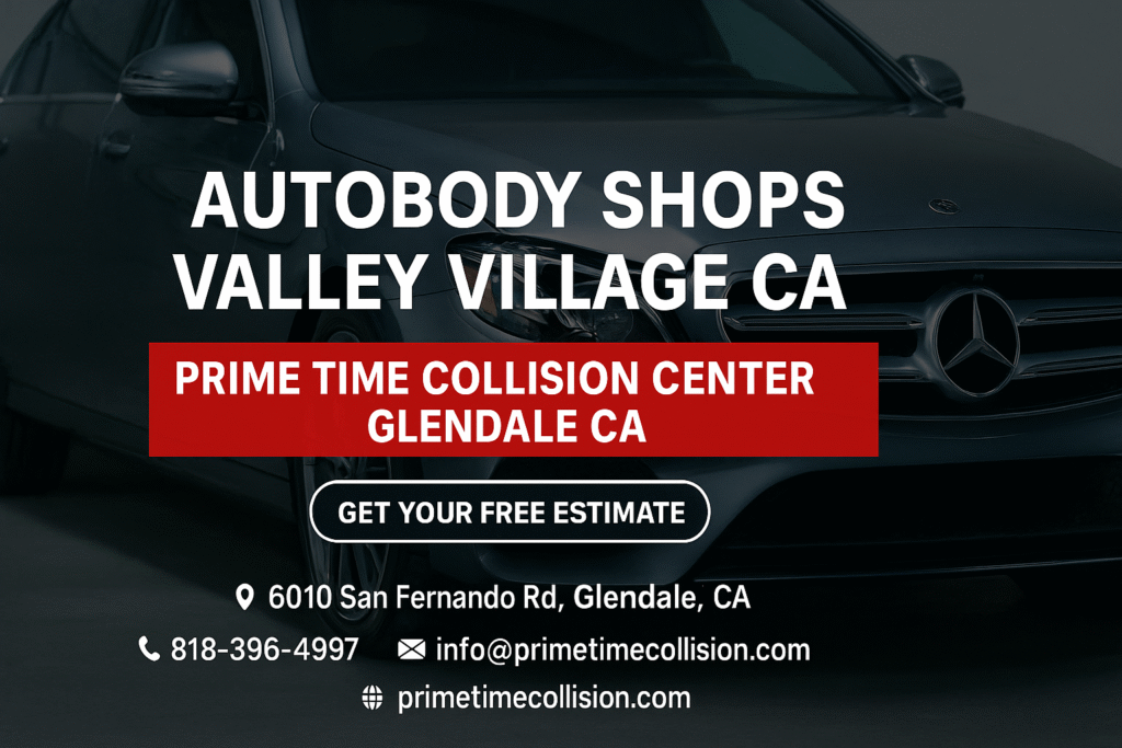 Autobody shops Valley Village CA advertisement featuring Prime Time Collision Center with a sleek car and contact information for collision repair services in Glendale, California.