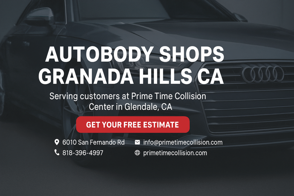 Autobody shops Granada Hills CA advertisement featuring an Audi vehicle, highlighting Prime Time Collision Center services with contact information and a call to action for free estimates.