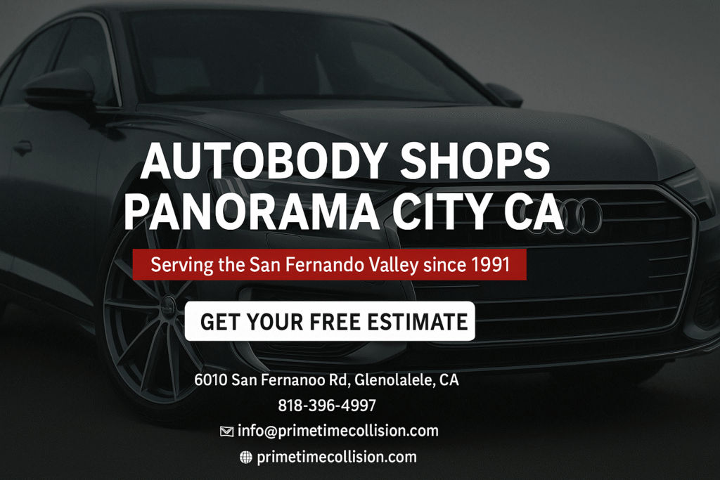 Autobody shops in Panorama City CA, featuring a sleek black vehicle with promotional text for Prime Time Collision Center, offering free estimates and serving the San Fernando Valley since 1991.