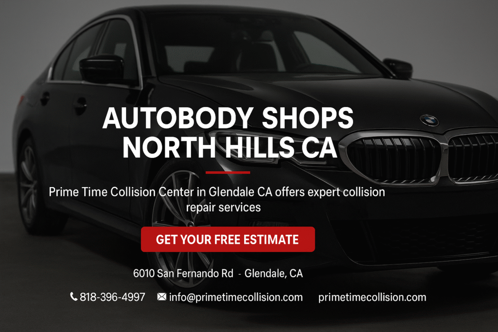 Autobody shops North Hills CA advertisement featuring a black BMW, highlighting Prime Time Collision Center's expert collision repair services and contact information.