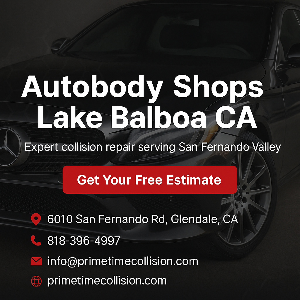 Autobody shops Lake Balboa CA advertisement featuring a black luxury car, contact information, and a call to action for a free estimate from Prime Time Collision Center.