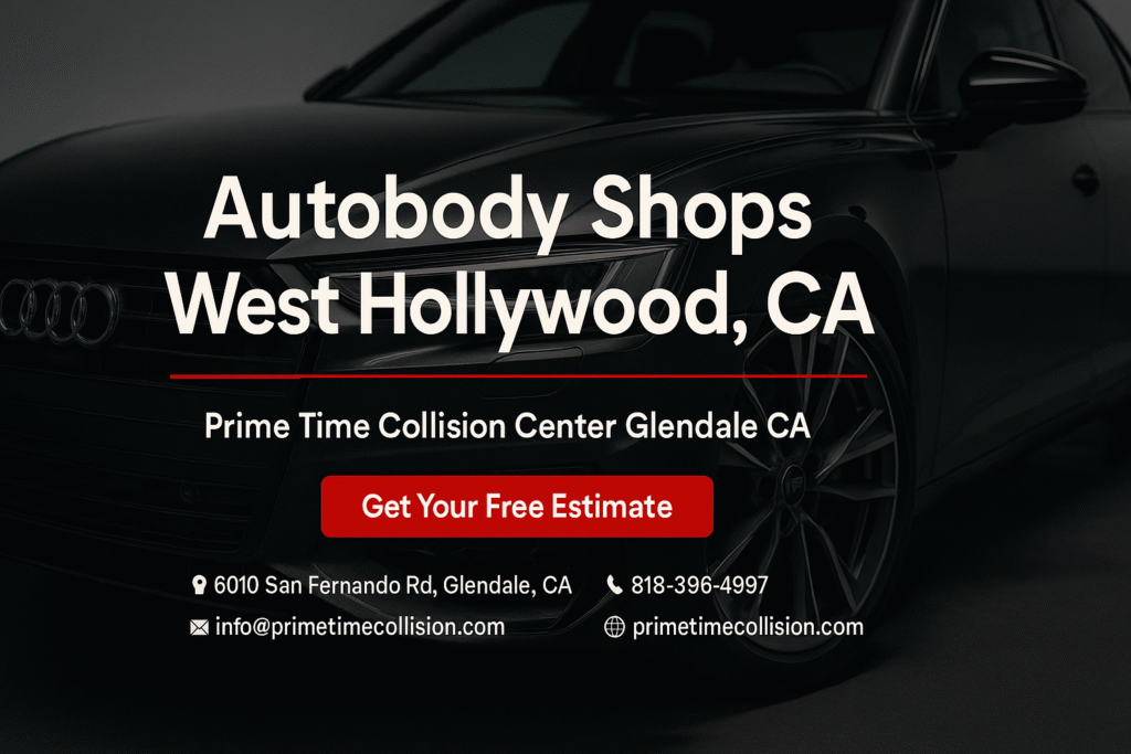 Autobody shop advertisement featuring a sleek black car, text highlighting "Autobody Shops West Hollywood, CA" and "Prime Time Collision Center Glendale CA," with a call-to-action for a free estimate.