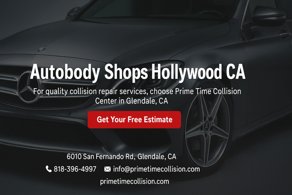 Autobody shops in Hollywood, CA featuring a sleek black car with a prominent logo, promoting Prime Time Collision Center in Glendale, CA for quality collision repair services.
