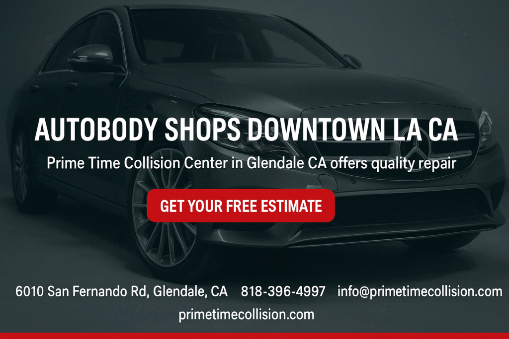 Autobody shop advertisement featuring a sleek car, highlighting Prime Time Collision Center in Glendale, CA, with a call to action for a free estimate and contact information.