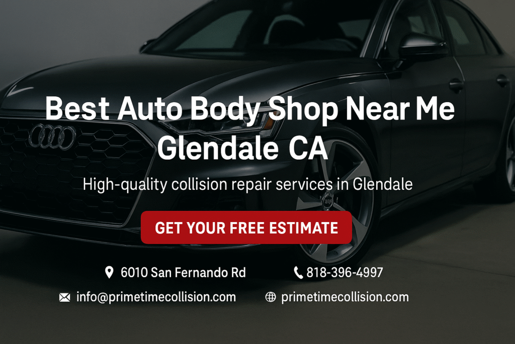 Best auto body shop near me in Glendale, CA, featuring a sleek black Audi and promotional text for high-quality collision repair services.