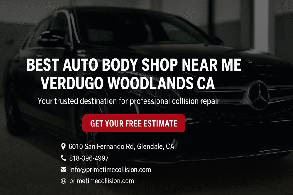 Best auto body shop near Verdugo Woodlands CA with a sleek black vehicle, featuring a call-to-action for a free estimate and contact details for Prime Time Collision Center in Glendale, California.