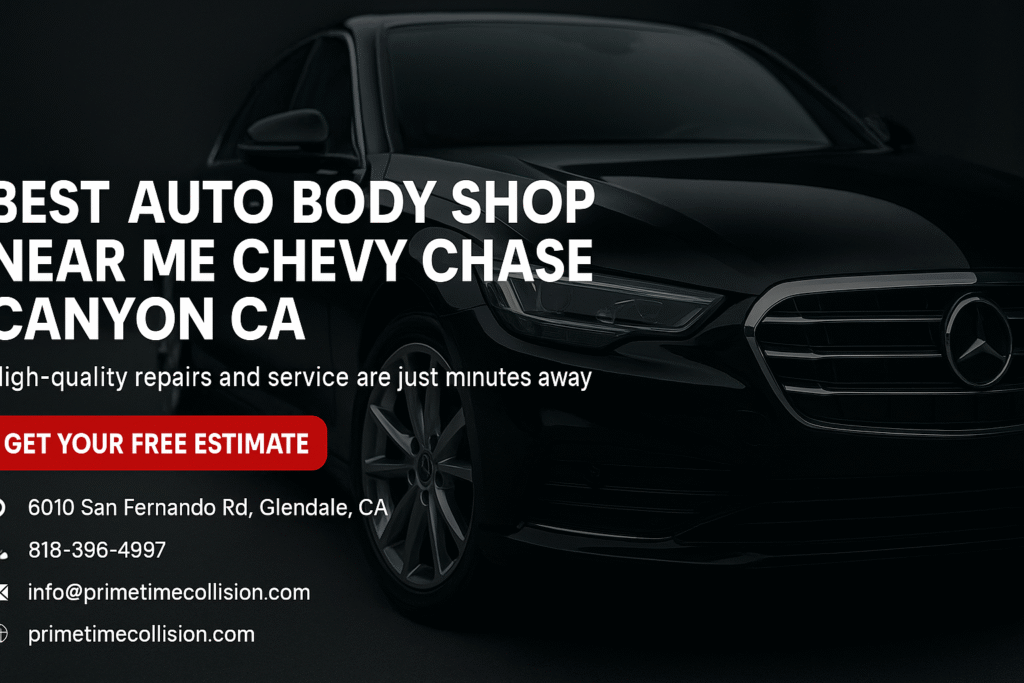 Best auto body shop advertisement featuring a sleek black car, contact information, and a call to action for free estimates, emphasizing quality repairs in Chevy Chase Canyon, CA.