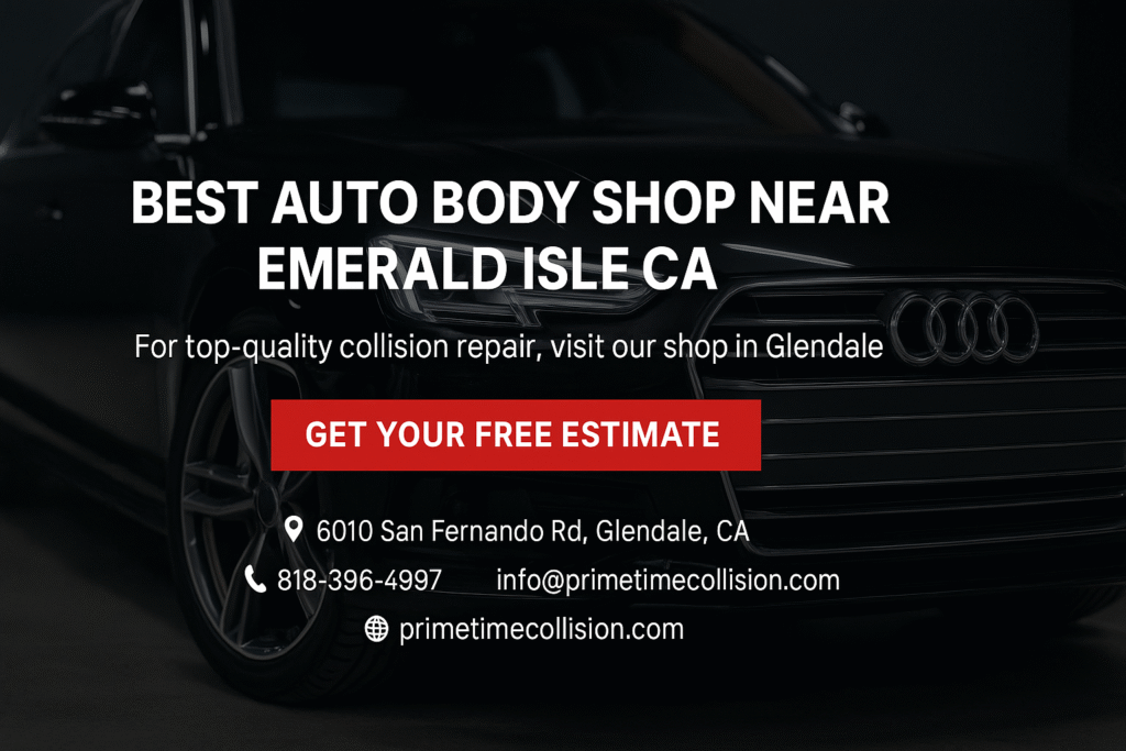 Best auto body shop near Emerald Isle CA advertisement featuring a sleek black car, contact information, and a call-to-action for a free estimate.