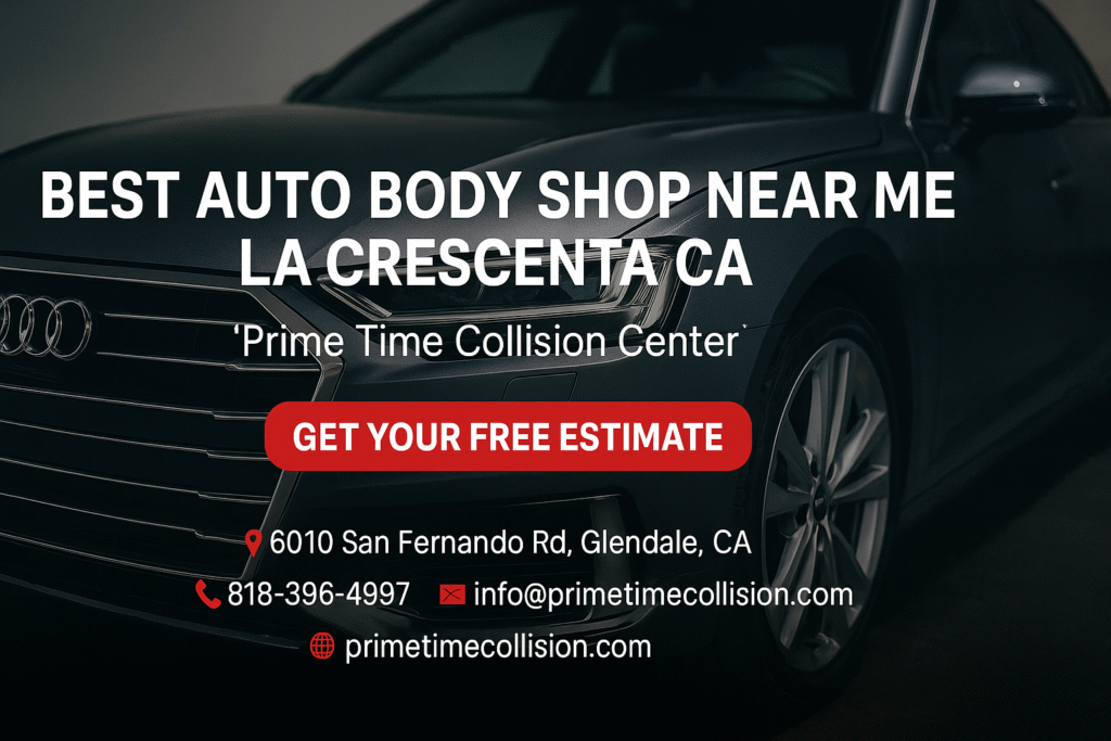 Best auto body shop near La Crescenta CA, Prime Time Collision Center, featuring sleek Audi vehicle, contact details, and call-to-action for free estimate.