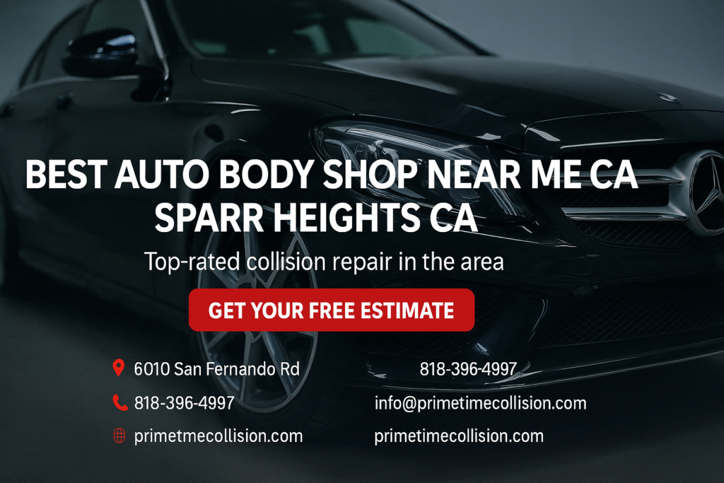 Best auto body shop near Sparr Heights CA, featuring a black car, contact information, and call-to-action for free estimates at Prime Time Collision Center.