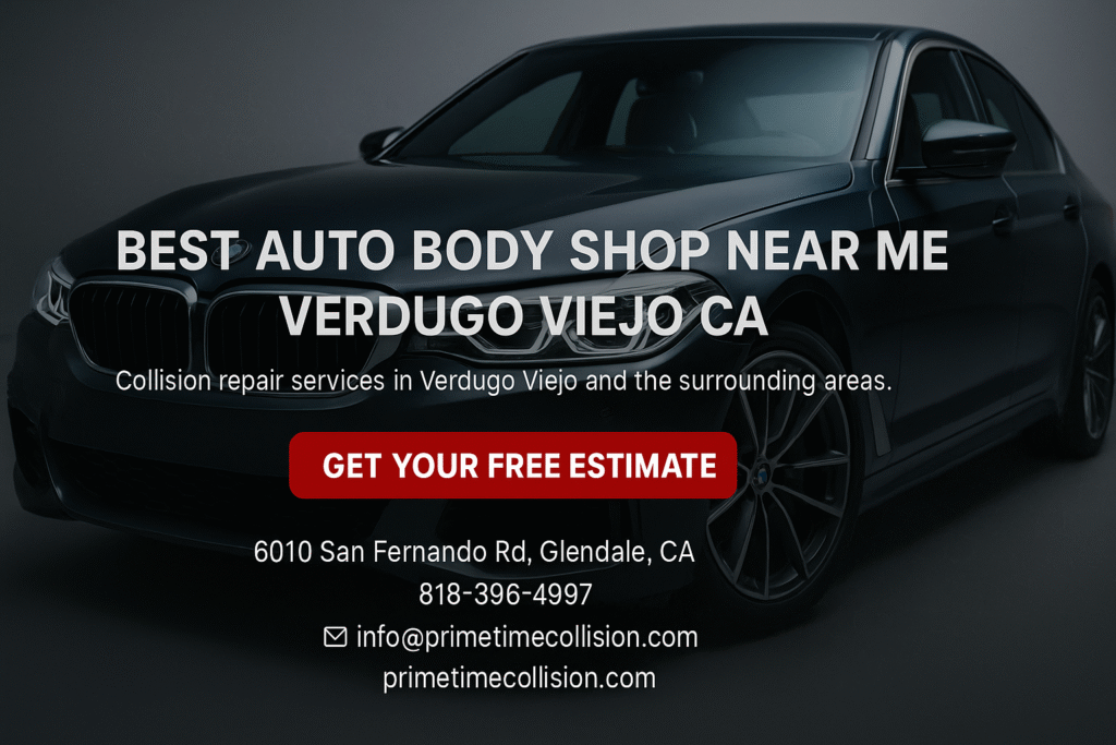 Best auto body shop near me Verdugo Viejo CA, sleek black car, collision repair services, Prime Time Collision Center, get your free estimate, Glendale CA.