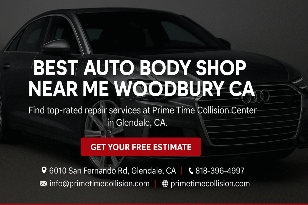 Best auto body shop near me Woodbury CA, featuring an Audi vehicle, Prime Time Collision Center logo, contact information, and a call-to-action for a free estimate.