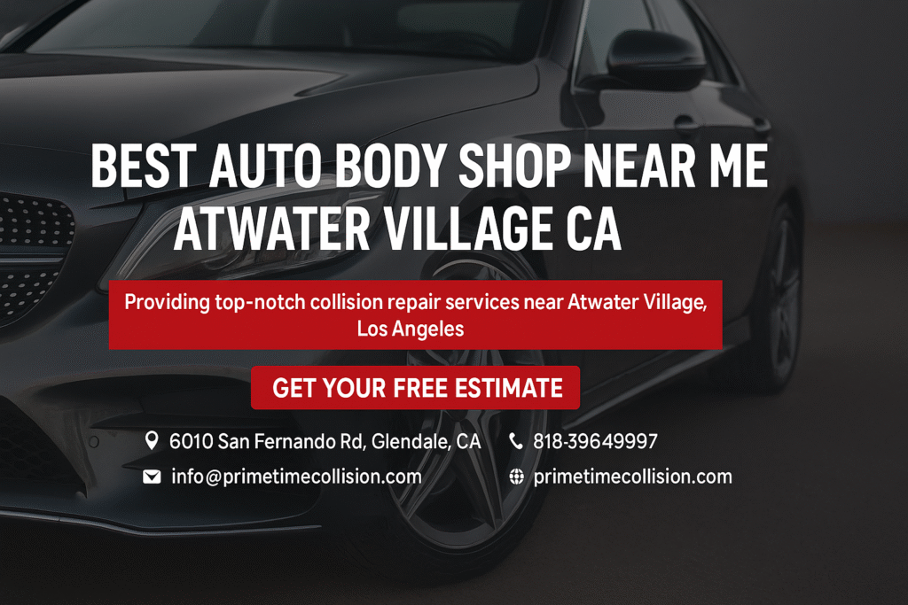 Best auto body shop near Atwater Village CA, featuring a sleek car and contact information for Prime Time Collision Center, offering top-notch collision repair services.