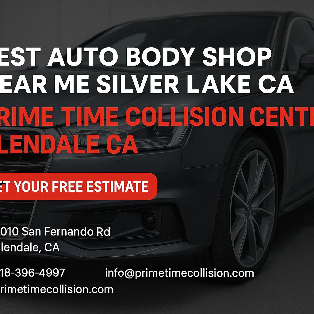Best auto body shop near Silver Lake CA, Prime Time Collision Center, Glendale CA, featuring a sleek vehicle and contact information for free estimates.