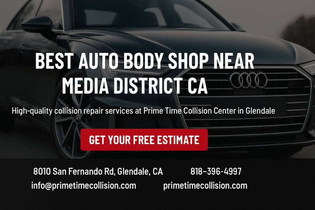 Best auto body shop near Media District CA, featuring an Audi vehicle, highlighting Prime Time Collision Center's high-quality collision repair services in Glendale, CA.