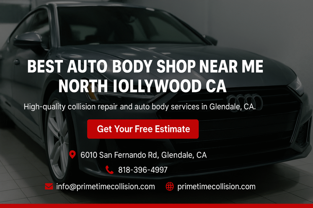 Best auto body shop near North Hollywood CA featuring a sleek Audi vehicle, promoting high-quality collision repair services and contact information for Prime Time Collision Center in Glendale, CA.