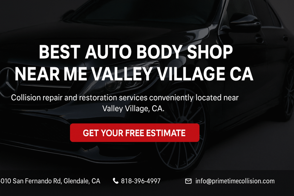 Best auto body shop near Valley Village CA, featuring a sleek vehicle with a prominent logo, highlighting collision repair and restoration services.