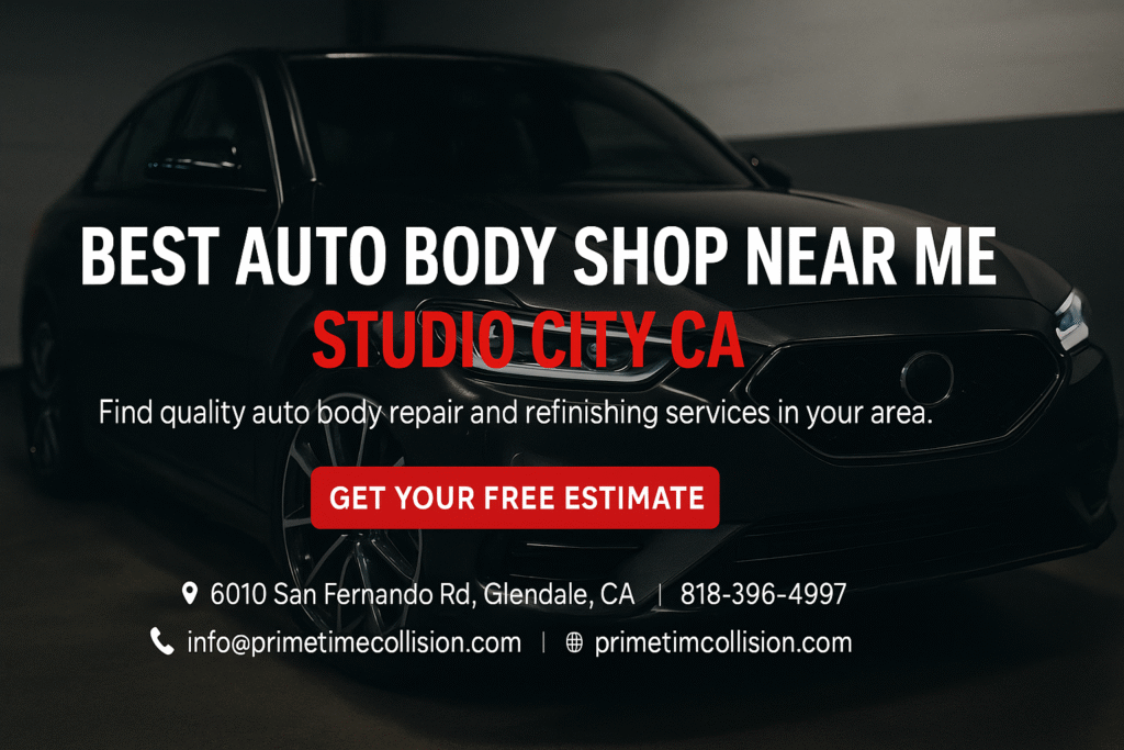 Best auto body shop near me Studio City CA, featuring a sleek black car and contact information for Prime Time Collision Center in Glendale, California.