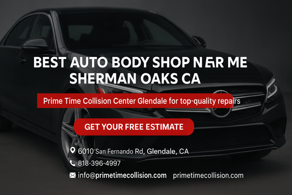 Best auto body shop near Sherman Oaks CA, featuring a sleek black vehicle, Prime Time Collision Center branding, and contact information for top-quality repairs.