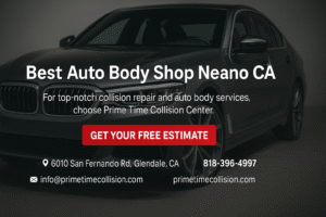 Best auto body shop advertisement featuring a sleek car, Prime Time Collision Center branding, contact information, and a call-to-action for a free estimate.