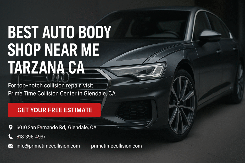 Best auto body shop near Tarzana, CA featuring a sleek black vehicle, promoting Prime Time Collision Center for top-quality collision repair services.