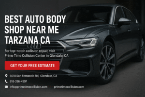Best auto body shop near Tarzana, CA featuring a sleek car and promotional text for Prime Time Collision Center in Glendale, CA, with contact details and a call to action for free estimates.