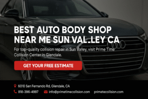 Best auto body shop near Sun Valley CA advertisement featuring an Audi vehicle, Prime Time Collision Center contact information, and a call to action for a free estimate.