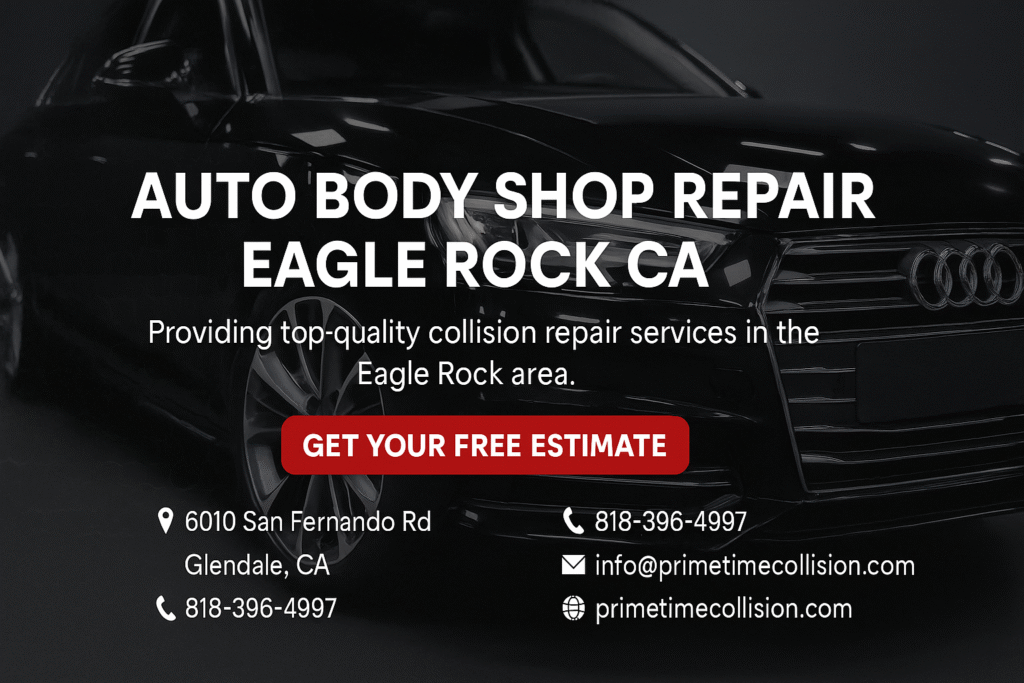 Auto body shop repair advertisement for Eagle Rock, featuring a sleek black car, contact information, and a call-to-action for free estimates.