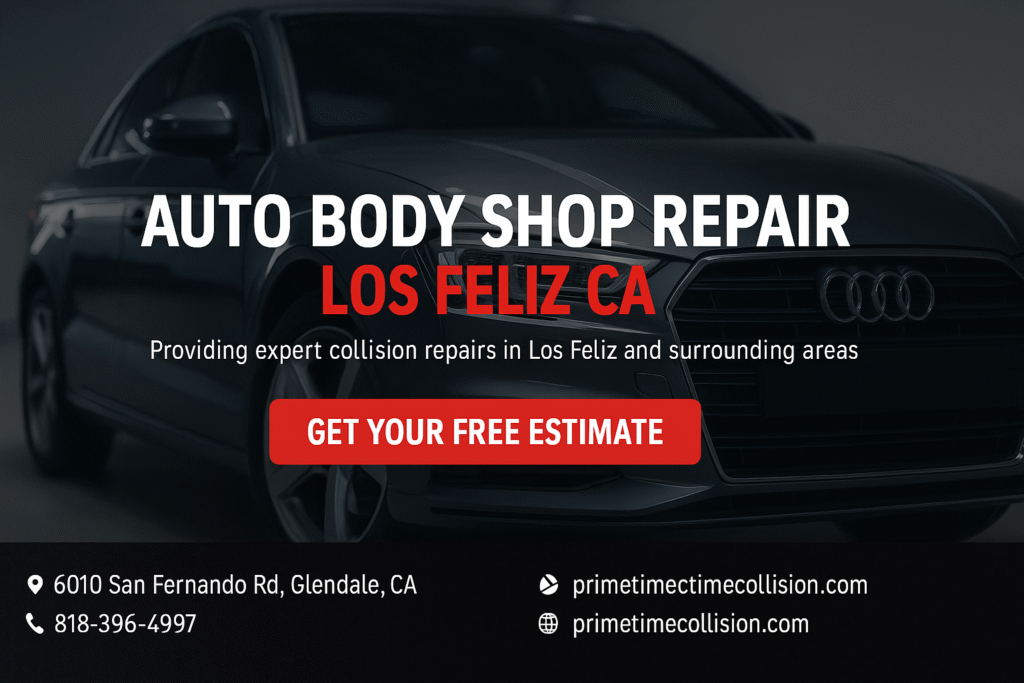 Auto body shop repair advertisement featuring a sleek black car with text highlighting services in Los Feliz, California, and a call to action for free estimates.