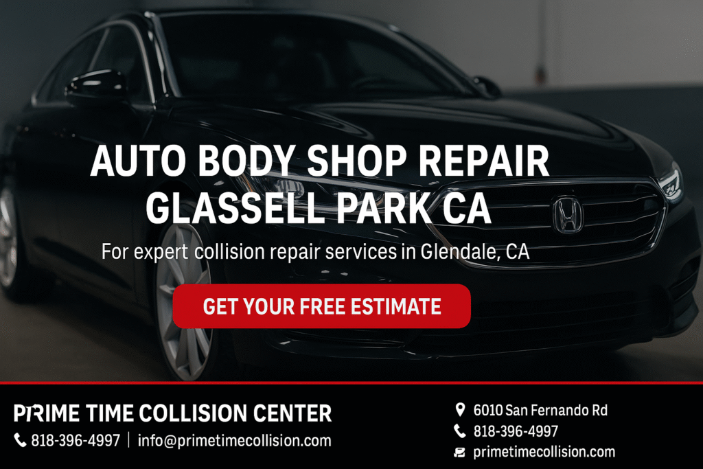 Auto body shop repair advertisement featuring a black Honda vehicle with text promoting Glassell Park CA services and a call to action for a free estimate from Prime Time Collision Center.
