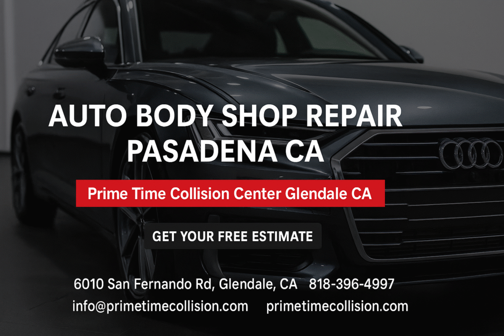 Auto body shop repair advertisement featuring a sleek black Audi, highlighting services in Pasadena, CA, with contact details for Prime Time Collision Center.
