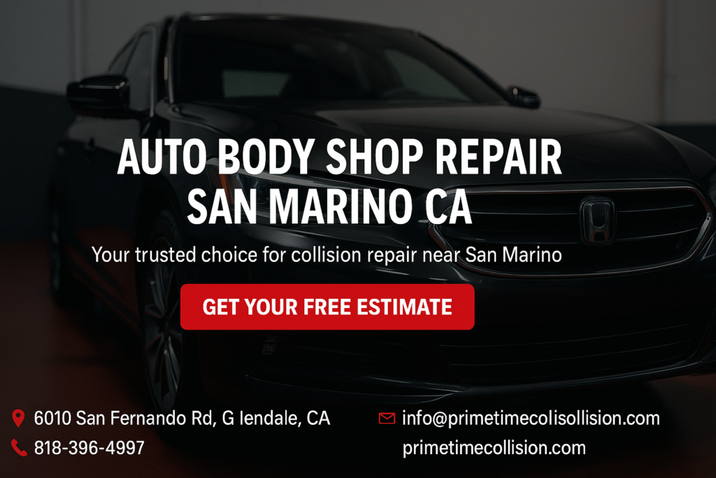 Auto body shop repair advertisement featuring a black vehicle, emphasizing services near San Marino, California, with a call to action for free estimates.