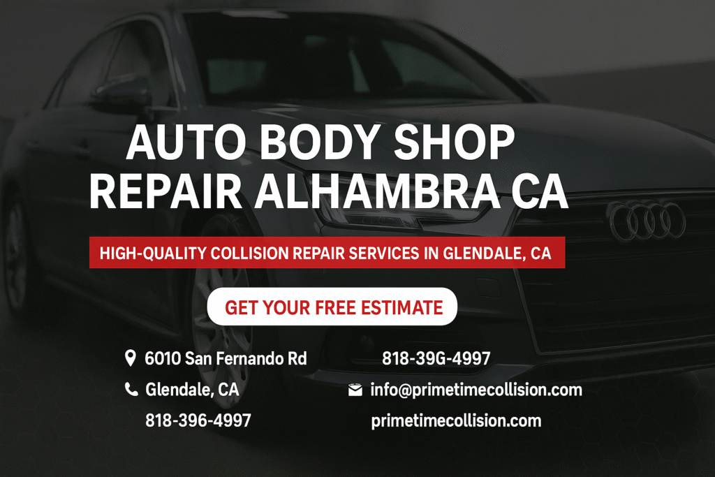 Auto body shop advertisement for Alhambra, CA, featuring a sleek vehicle, contact information, and a call to action for free estimates, emphasizing high-quality collision repair services in Glendale, CA.